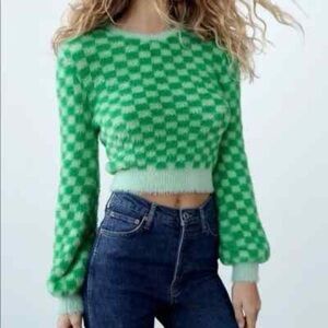 Zara Green and Mint Checkered Fuzzy Sweater